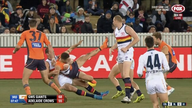 Adelaide's Tex Walker's sling tackle on GWS’s Josh Kelly.