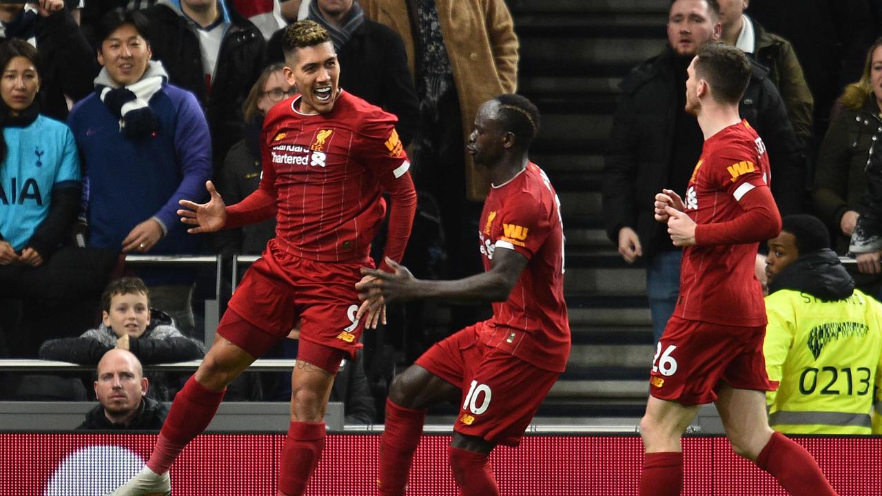 Roberto Firmino celebrates scoring for Liverpool against Tottenham Hotspur. Picture: AFP