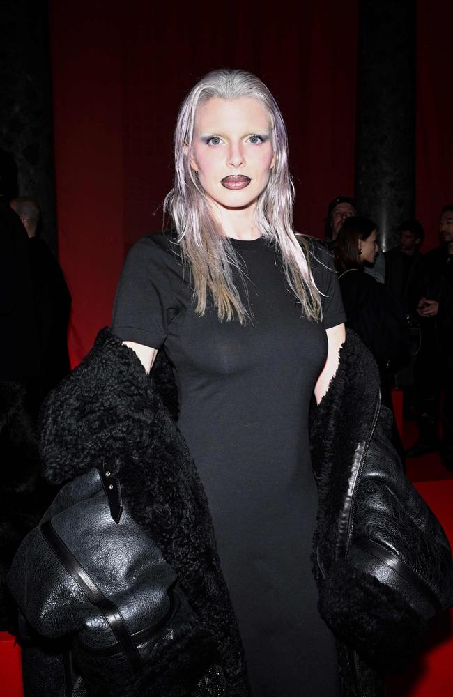 With bleached grey brows and hair, Julia Fox posed the Vetements show during Paris Fashion Week in March. Picture: AFP