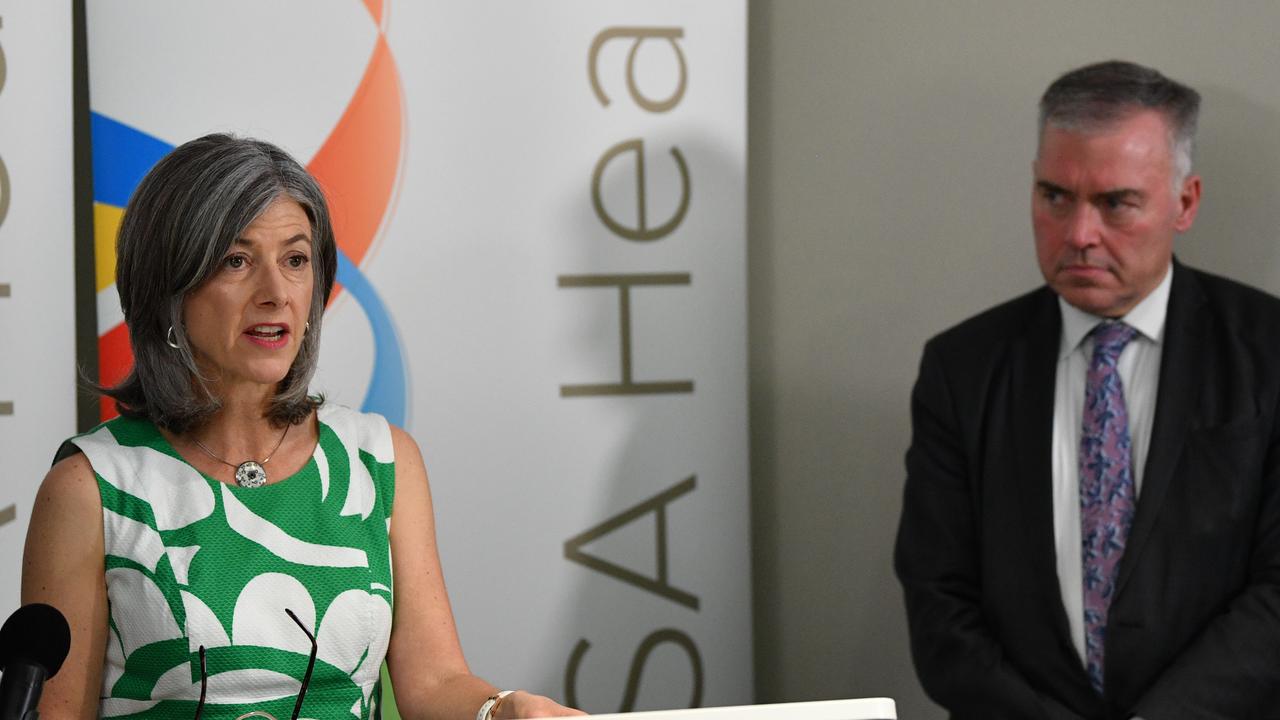 South Australian Health Minister Stephen Wade looks on as South Australian chief public health officer Nicola Spurrier speaks to the media today. Picture: AAP Image/David Mariuz