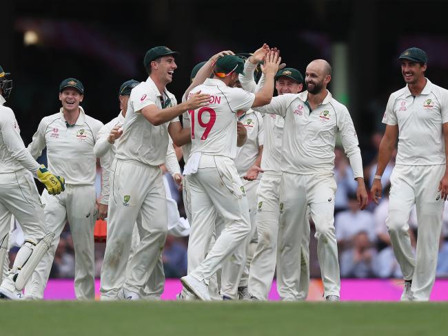 Nathan Lyon celebrates one of his ten wickets for the match. Picture: Brett Costello