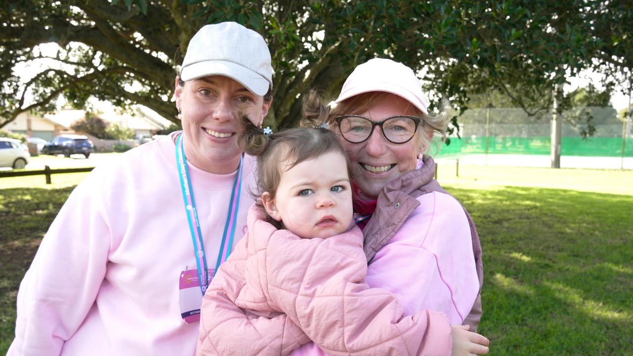 Georgia, Lola and Sue O'Connell at the Mother's Day Classic Toowoomba fun run at Middle Ridge Park, which raised money for breast and ovarian cancer research.