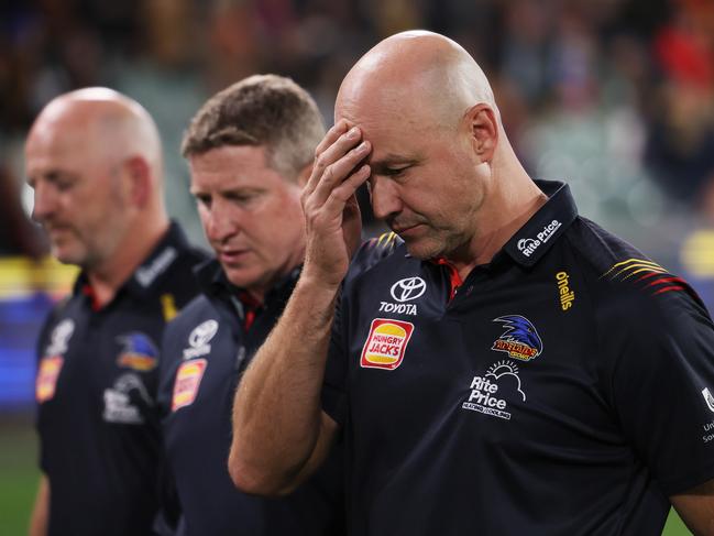 ADELAIDE, AUSTRALIA - APRIL 19: Matthew Nicks, Senior Coach of the Crows reacts during the 2024 AFL Round 06 match between the Adelaide Crows and the Essendon Bombers at Adelaide Oval on April 19, 2024 in Adelaide, Australia. (Photo by James Elsby/AFL Photos via Getty Images)