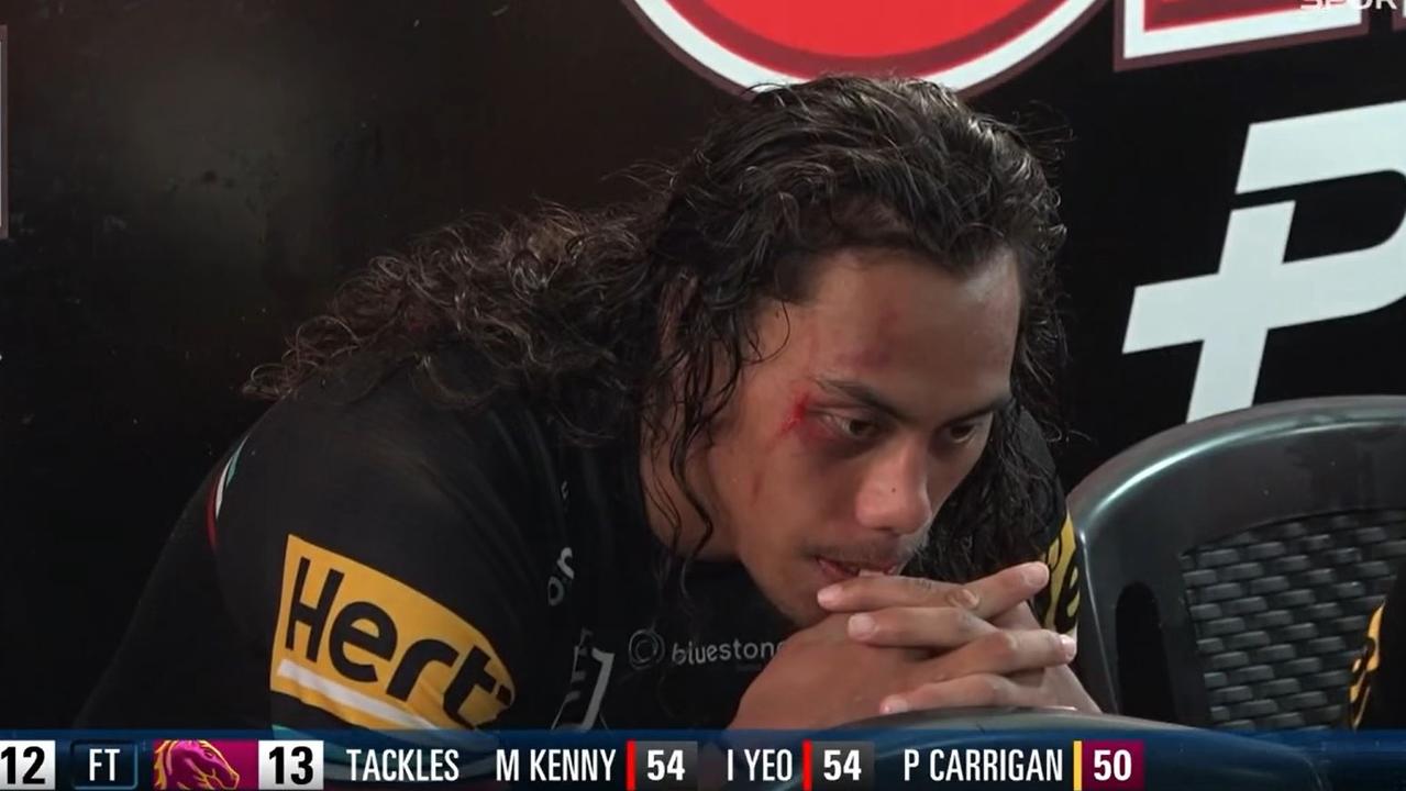 Jarome Luai shows his disappointment after the defeat. Image: Nine