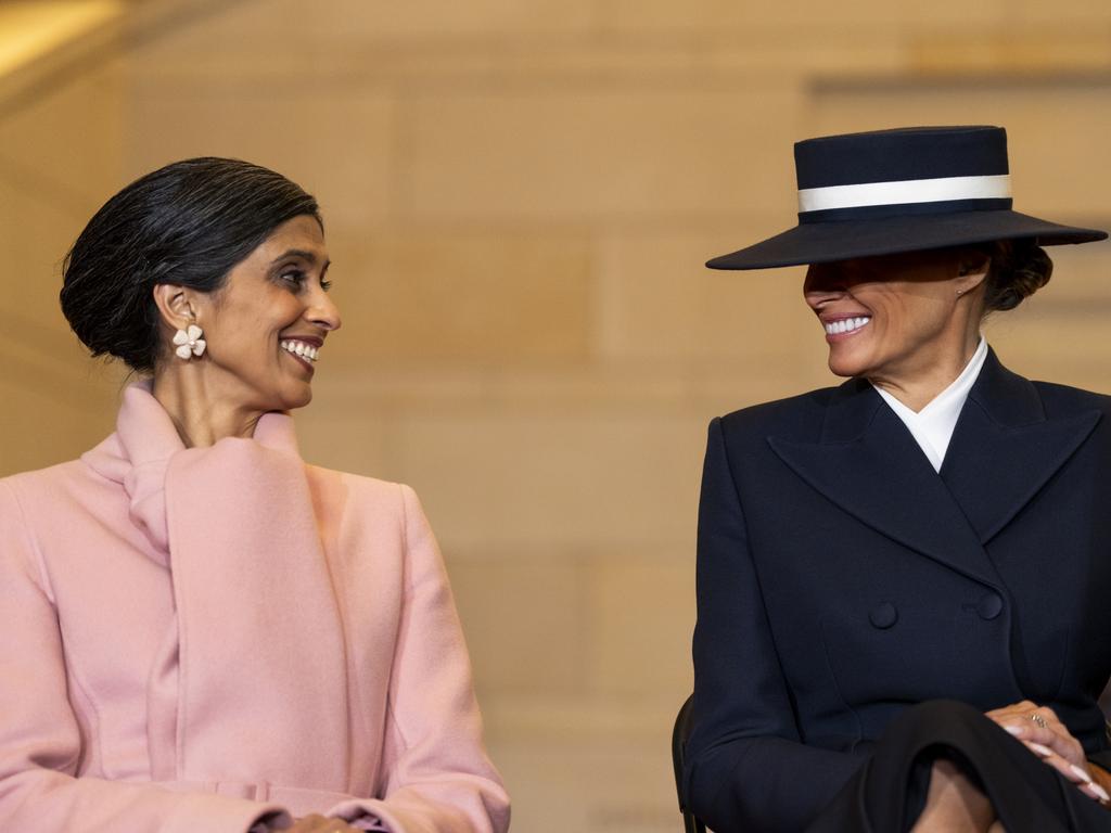 Second lady Usha Chilukuri Vance and first lady Melania Trump as US President Donald Trump speaks after his inauguration. Picture: Greg Nash-Pool/Getty Images