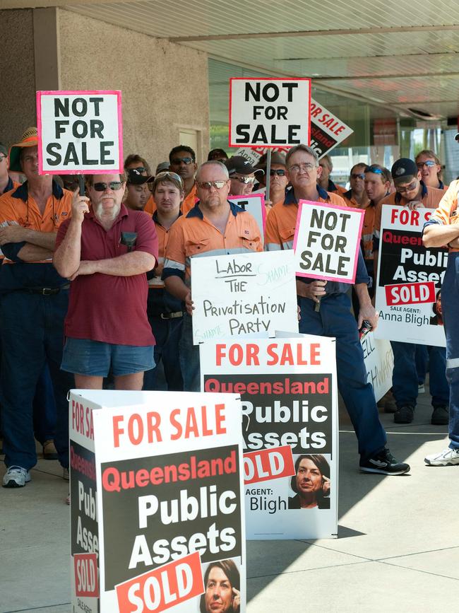 Rockhampton Rail Workers demonstrate in 2009 over the sale of public assets by then-Premier Anna Bligh.