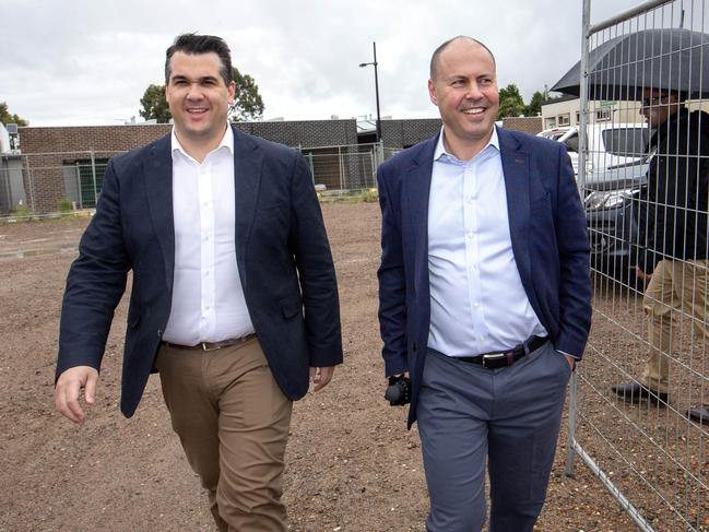 Treasurer Josh Frydenberg and Housing Minister, Michael Sukkar visit Stockland Waterlea housing estate in Rowville to announce an extension of the HomeBuilder program. Picture: NCA NewsWire / David Geraghty