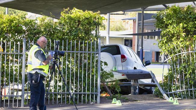 The scene where 11-year-old schoolboy Jack Davey was killed when a car crashed through the fence of his primary school in Melbourne’s east. Picture: NewsWire / Luis Enrique Ascui