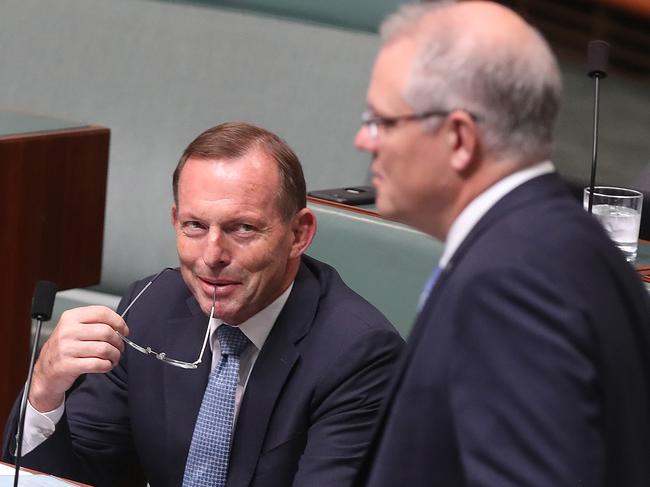 Tony Abbott and Scott Morrison in parliament. Picture: Kym Smith