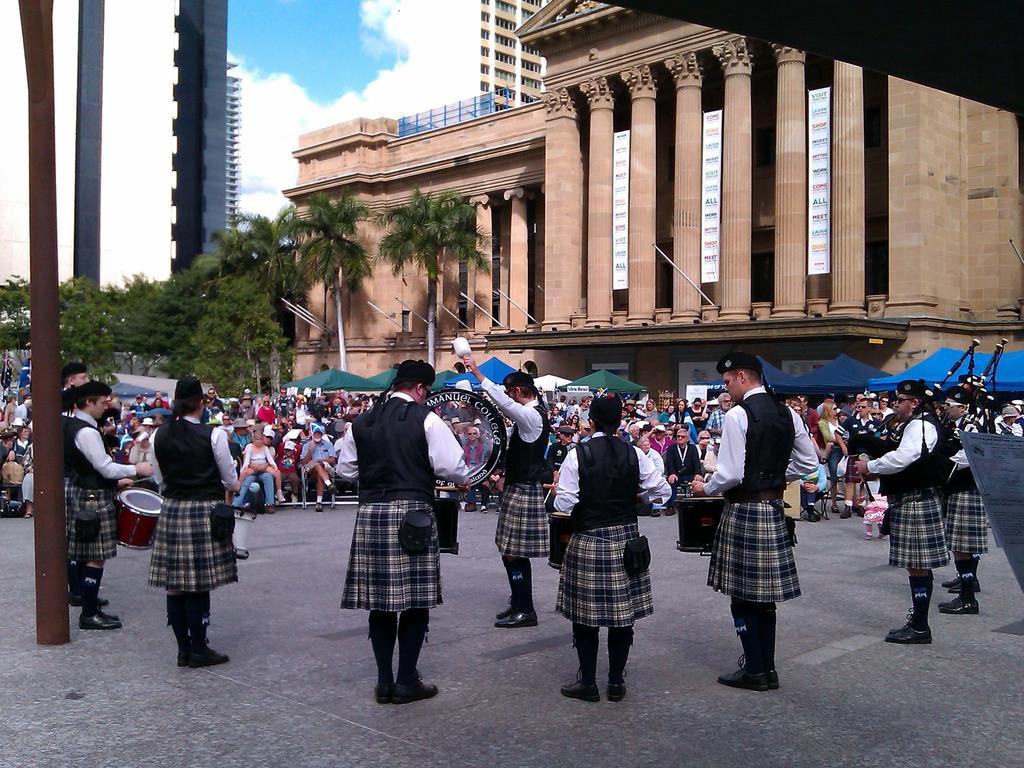 &lt;h2&gt;International Tartan Day&lt;/h2&gt;The pipes are calling on Saturday in King George Square for International Tartan Day. As well as massed pipes and drums from 12.30pm, there will be Scottish country dancers, Moreton Bay Fiddle Club, Celtic Connection Choir and the Scotch on the Rocks band. &lt;b&gt;&lt;a href="http://www.brisbane.qld.gov.au/facilities-recreation/parks-venues/king-george-square/whats-on#/?i=1" title="www.brisbane.qld.gov.au"&gt;More details&lt;/a&gt;&lt;/b&gt;