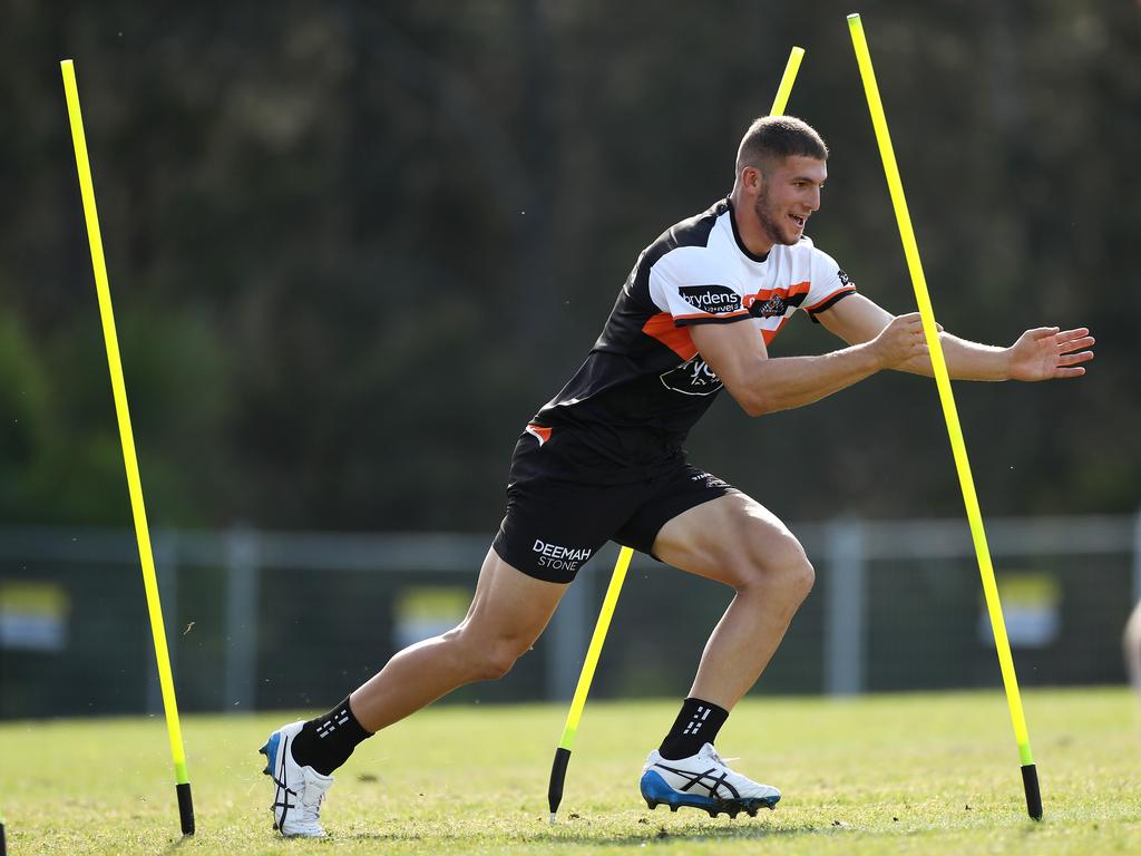 Adam Doueihi is inexperienced at five-eighth at the NRL level, but his Wests Tigers teammates believe he is the man to ignite the Tigers’ attack. Photo: Mark Kolbe/Getty Images.