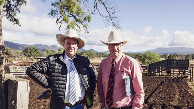 Paul Dooley from Tamworth and Ross Milne from Elders during a sale at Yarram Park. Picture: Nicole Cleary