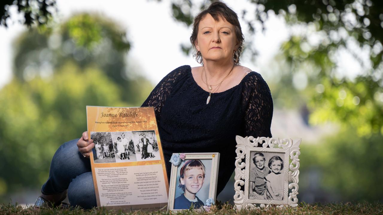 NETWORK USE ONLY &gt;PLEASE SEE NETWORK PICTURE DESK Suzie Ratcliffe sister of Joanne Ratcliffe who was 11, disappeared exactly 50 years ago this year with her friend Kirsty Gordon. The two young girls had been in Adelaide to watch an AFL game, and were last seen with a man who was carrying Kirsty under his arm. Although Susie never met her older sister, she has decided to dedicate her life to help find missing people, through her organisation Leave the Light on. Picture: Tony Gough