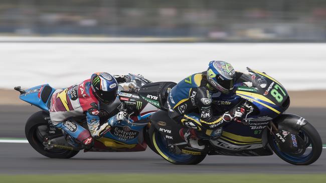 Remy Gardner leads Alex Marquez during Moto2 qualifying at Silverstone. Picture: Getty Images