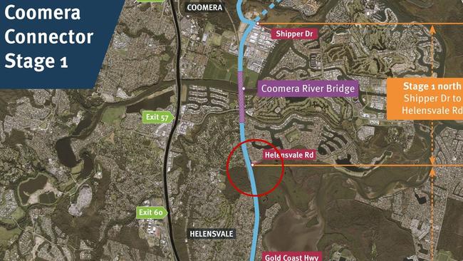 A map showing where the Coomera Connector is being built with the red circle showing where the land is being cleared near koalas and the broken blue line, the route the motorway will take to get to Eagleby. Picture: TMR