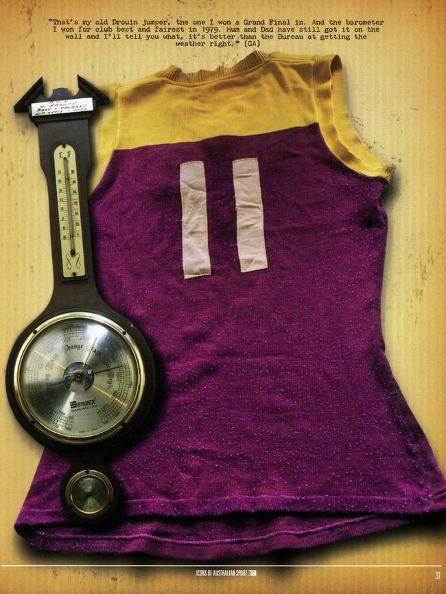 Gary Ablett Sr’s No. 11 jumper for Drouin — and the barometer he was given for winning the 1979 best-and-fairest.