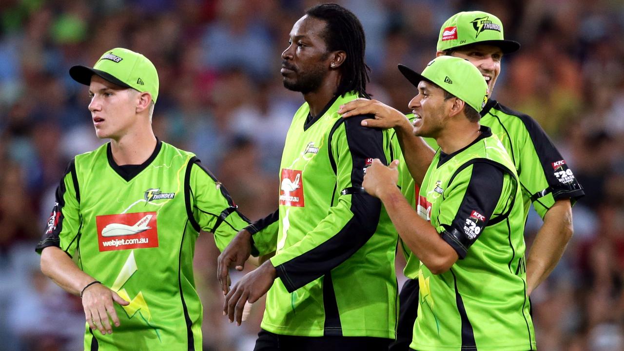 Chris Gayle reacts after taking the wicket of Brad Haddin. Picture: Gregg Porteous