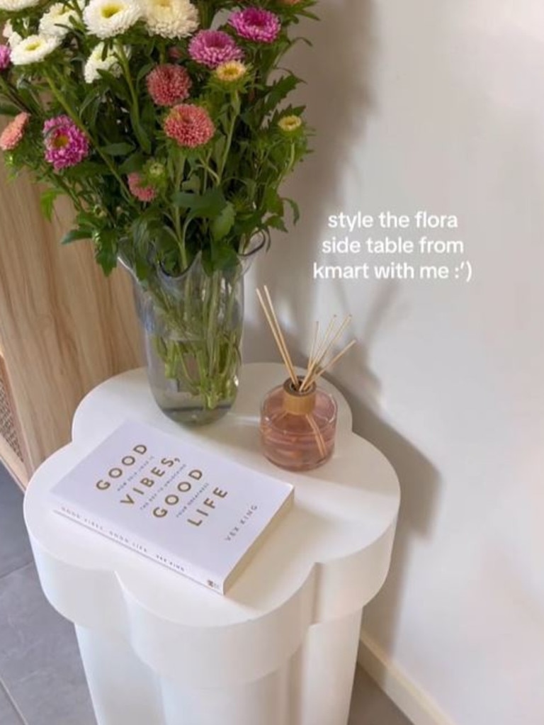 Videos have popped up on TikTok of the Flora side table from Kmart, which has a retail price of $59. Picture: TikTok