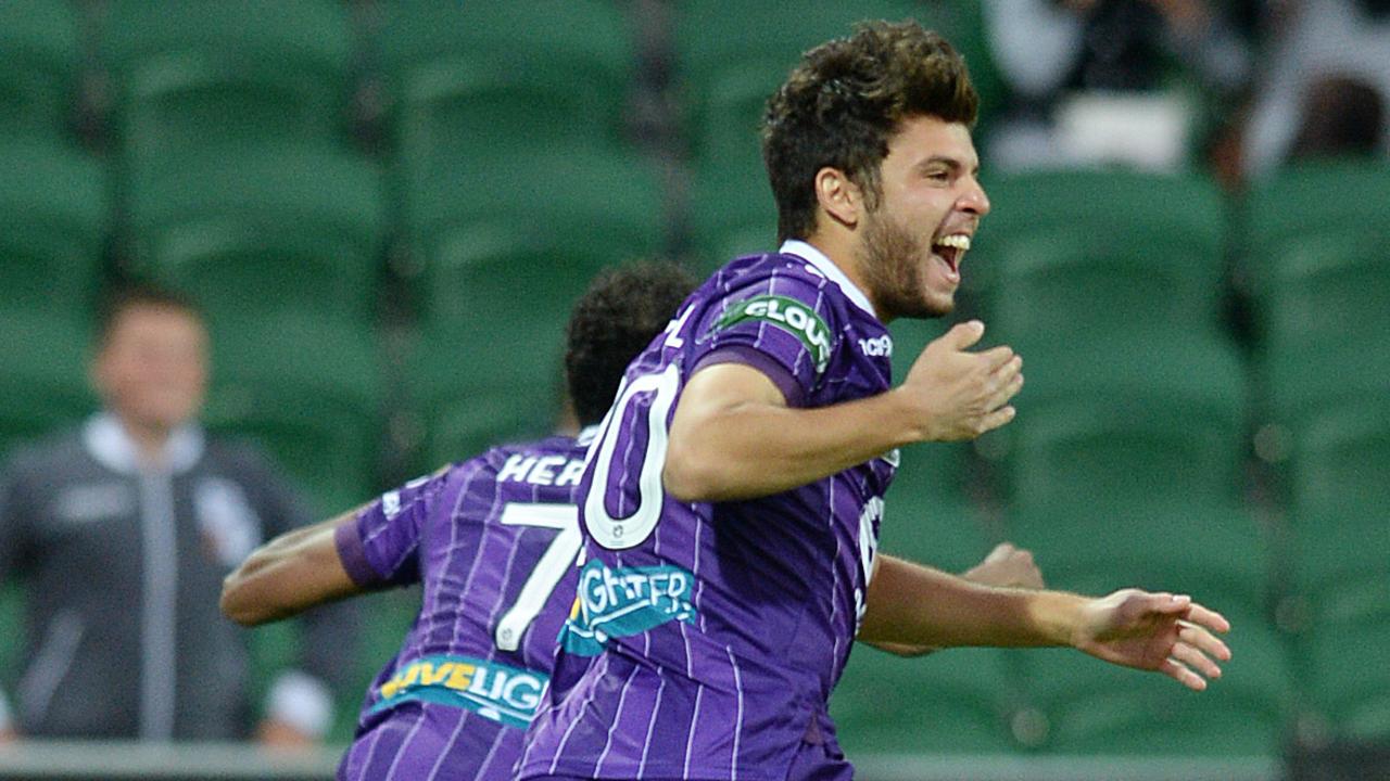 SPORT - A League, Perth Glory and Wellington Phoenix, nib Stadium, Perth. Photo by Daniel Wilkins. PICTURED- Perth Glory's Danny De Silva celebrates the first goal of the game.