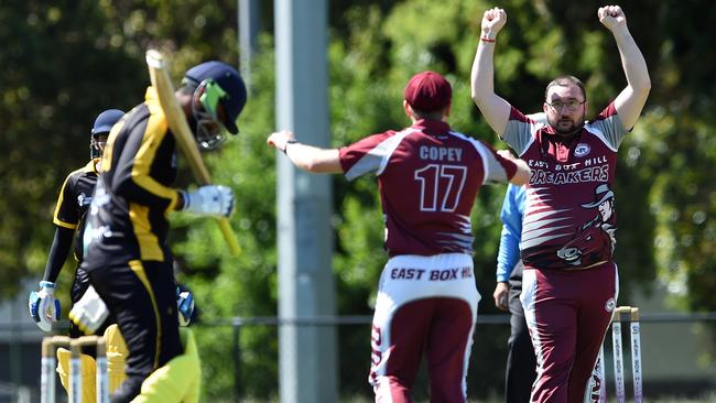 BHRDCA: East Box Hill bowler Daniel O’Shea celebrates a wicket. Picture: Steve Tanner