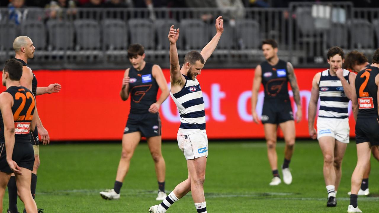 Sam Menegola celebrates on the final siren at the Cats returned to their best. Picture: Getty Images