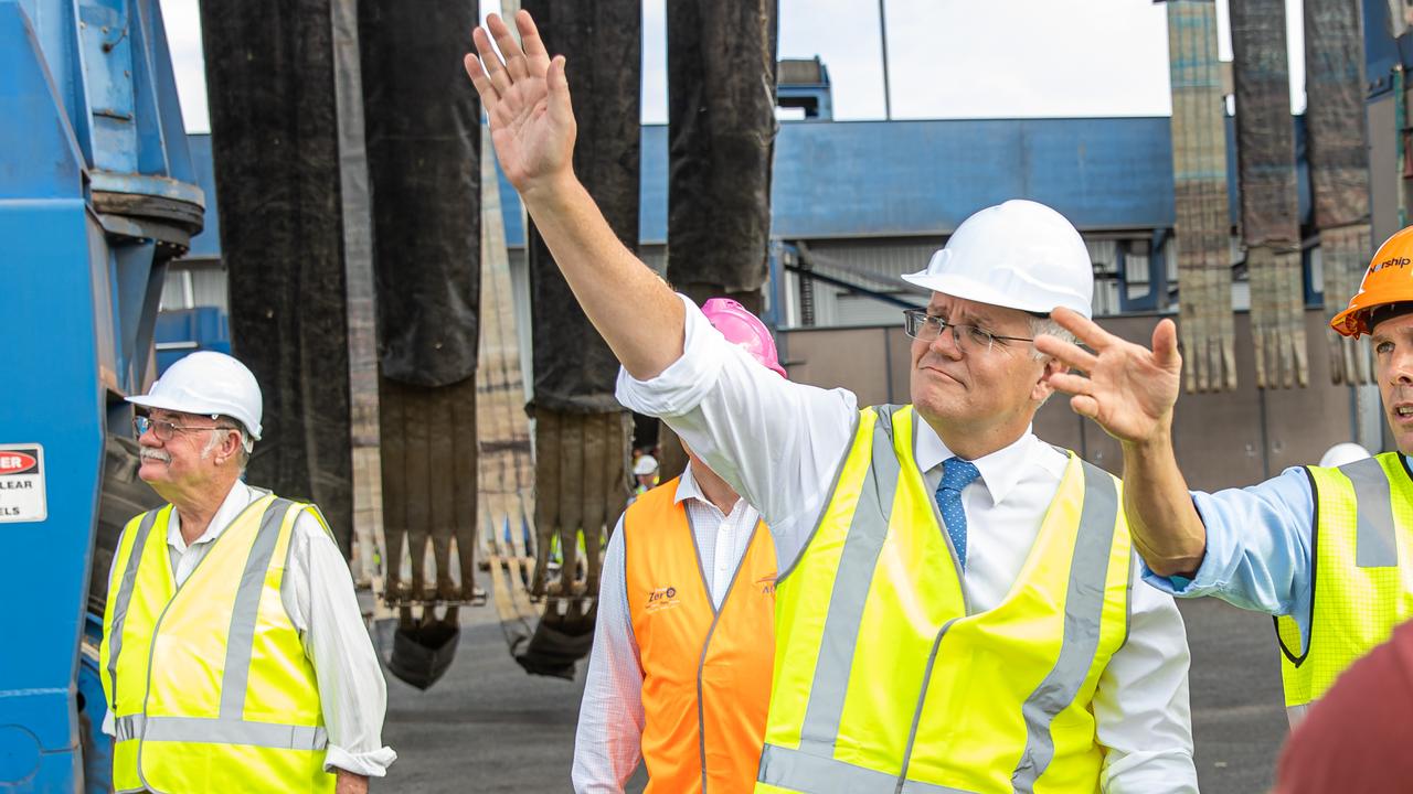 Prime Minister Scott Morrison announces an upgrade for the Cairns Marine Precinct. The area includes a shipbuilding yard also with facilities for border patrol boats like the Armidale Class. Picture: Jason Edwards