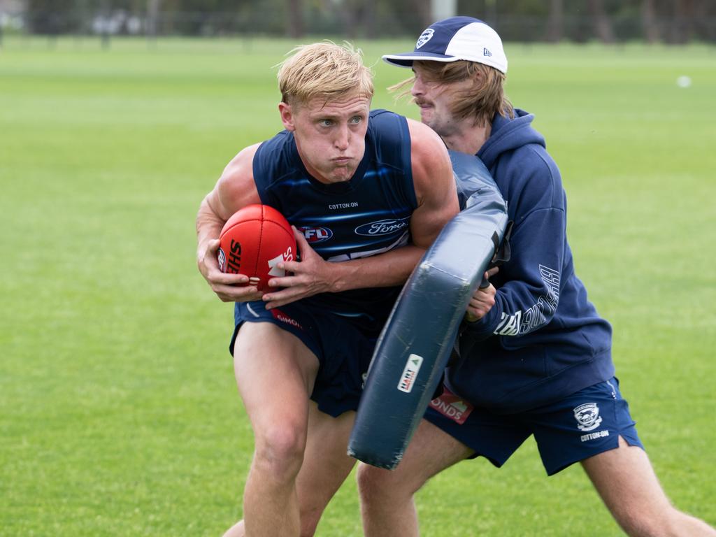 Knevitt hits the tackle bag this pre-season. Picture: Brad Fleet