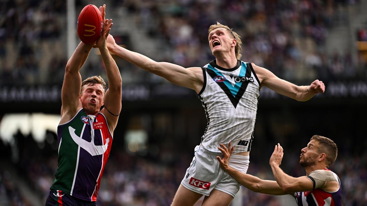 Sam Hayes competes against Dockers big man Josh Treacy. Picture: Daniel Carson/AFL Photos via Getty Images