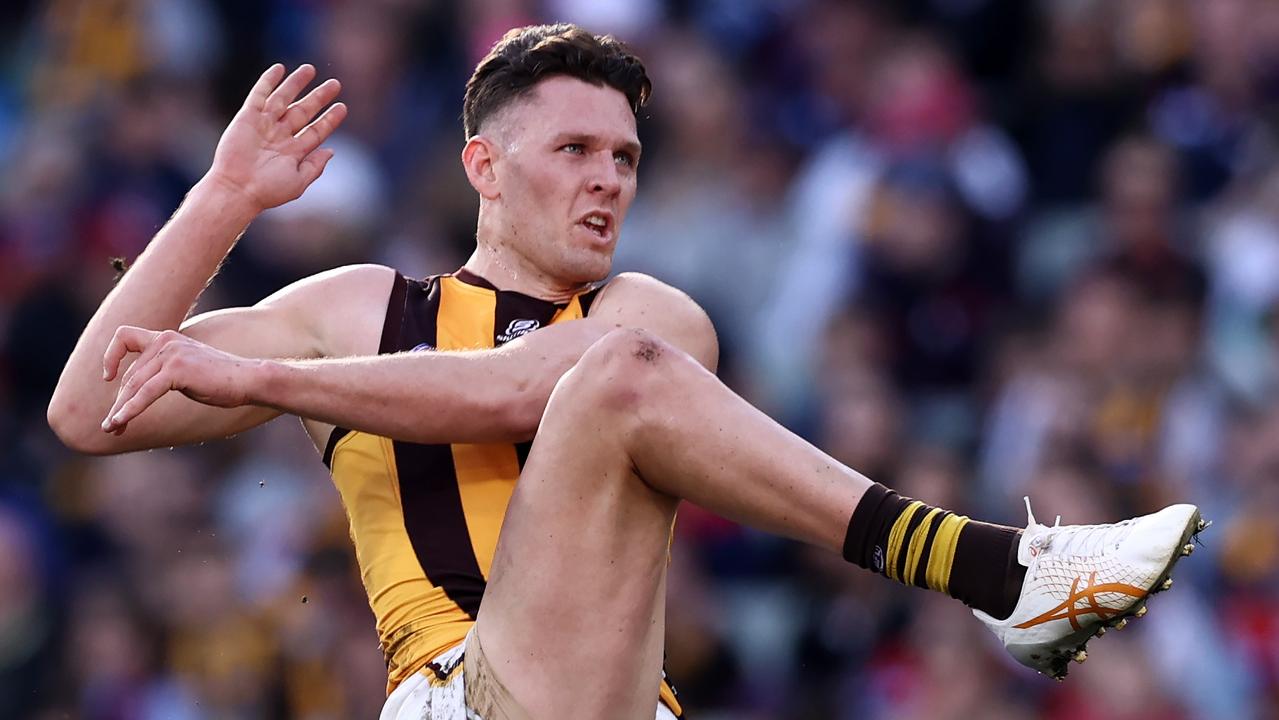 MELBOURNE, AUSTRALIA - August 20, 2023. AFL . Jacob Koschitzke of the Hawks during the round 23 match between Melbourne and Hawthorn the MCG in Melbourne, Australia. Photo by Michael Klein.