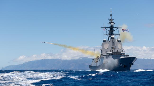 HMAS Sydney fires Royal Australian Navy’s first Naval Strike Missile (NSM) during a SINKEX off the coast of Oahu, Hawaii as a part of Exercise Rim of the Pacific (RIMPAC) 2024. PIcture: Department of Defence