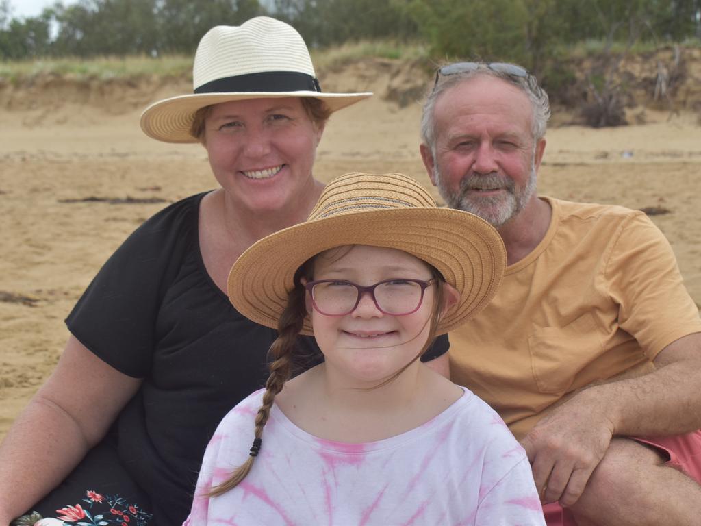 Pauline Knight, Heather Hamilton and Graham Austin at the beach near Quota Park on Australia Day 2022. Picture: Lillian Watkins