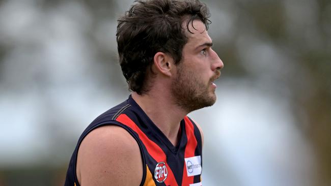 East KeilorÃs Jacob Brown during the EDFL Pascoe Vale v East Keilor football match in Pascoe Vale, Saturday, Aug. 19, 2023. Picture: Andy Brownbill