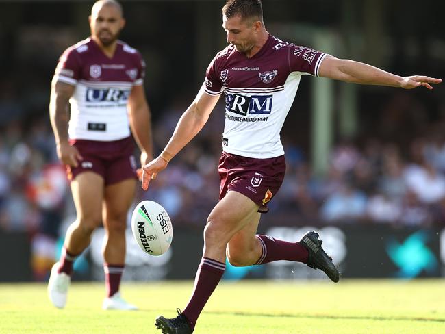 SYDNEY, AUSTRALIA - MARCH 13:  Kieran Foran of the Sea Eagles kicks the ball during the round one NRL match between the Sydney Roosters and the Manly Sea Eagles at the Sydney Cricket Ground, on March 13, 2021, in Sydney, Australia. (Photo by Cameron Spencer/Getty Images)