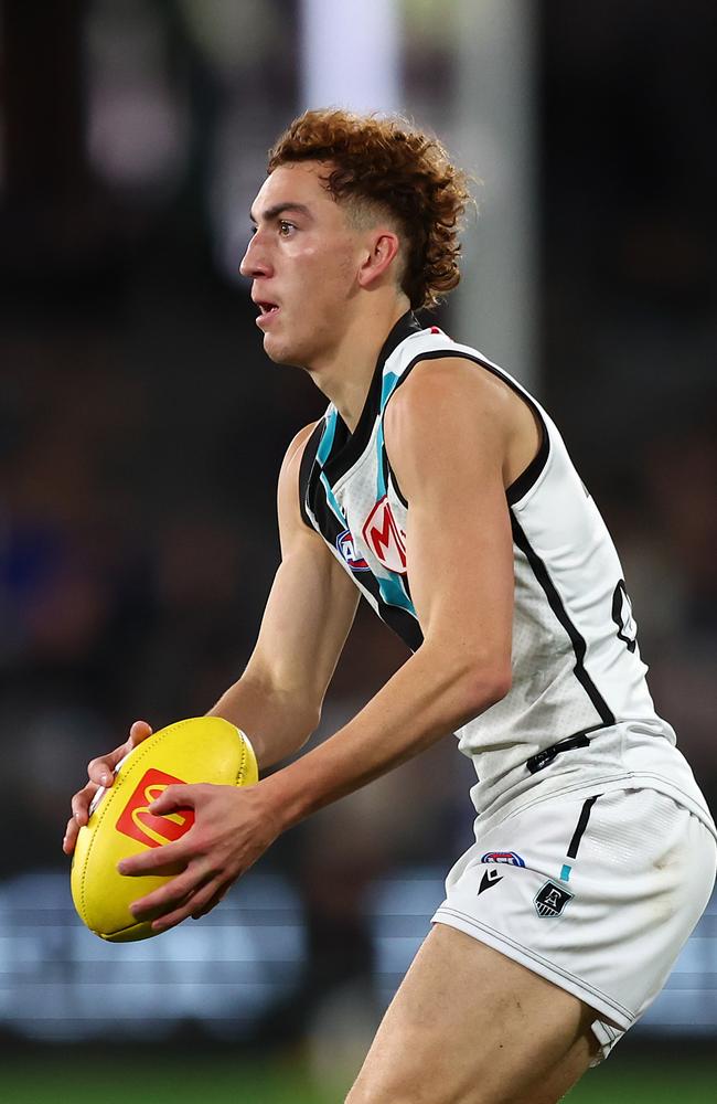 Logan Evans was recruited from the Power’s SANFL side. Picture: Graham Denholm/AFL Photos/via Getty Images.