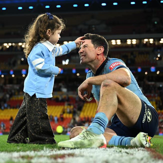 Mitchell Moses with daughter Aspyn after the match. Picture: NRL Photos