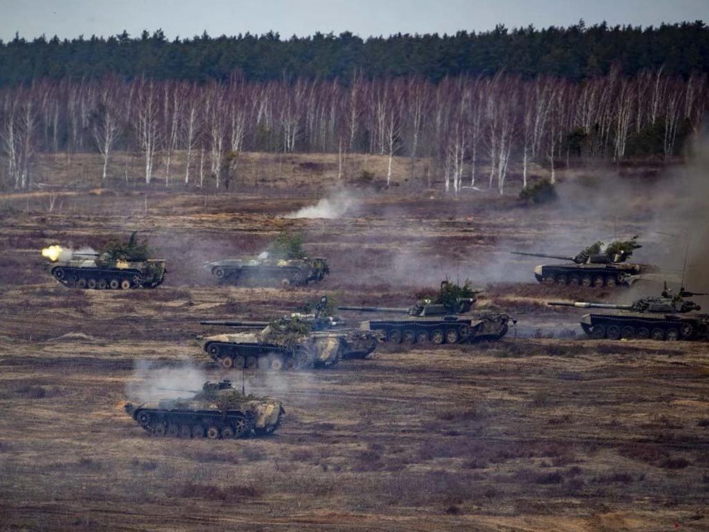 Russian and Belarus tanks during joint exercises of the armed forces of Russia and Belarus. Picture: Russian Defence Ministry / AFP