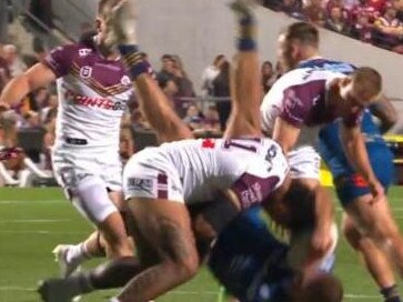 Sickening lifting tackle on Shaun Lane. Picture: Fox League