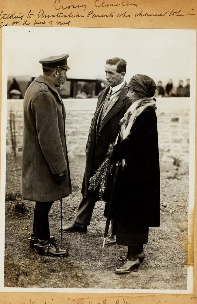 The unidentified Australian couple meeting King George V at Crouy British Cemetery, Crouy-sur-Somme, France. It dates to May 1922. Picture: Supplied