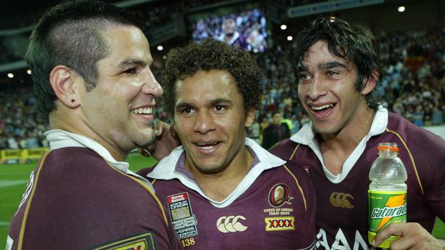 SPORT NEWS BCM 25/5/05 (L-R) Carl Webb, Matt Bowen & Johnathan Thurston, the cowboy connection. State of Origin Suncorp Stadium. Extra Time. PicDavidKapernick