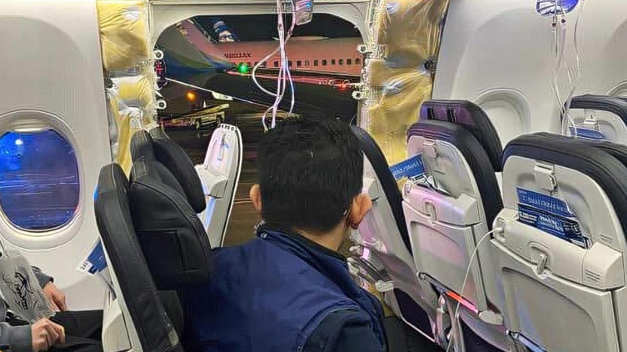 The gaping hole in an Alaska Airlines’ Boeing 737 Max-9 after a door plug blew out mid-air. Incredibly, all on board survived.