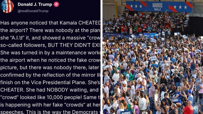 Donald Trump's post (left), and Kamala Harris’s crowd (right).