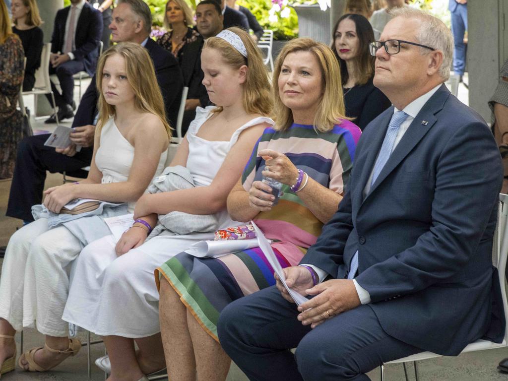 Scott Morrison with his wife, Jenny, and daughters Abbey and Lily in Sydney. Picture: POOL via NCA NewsWire / Jenny Evans