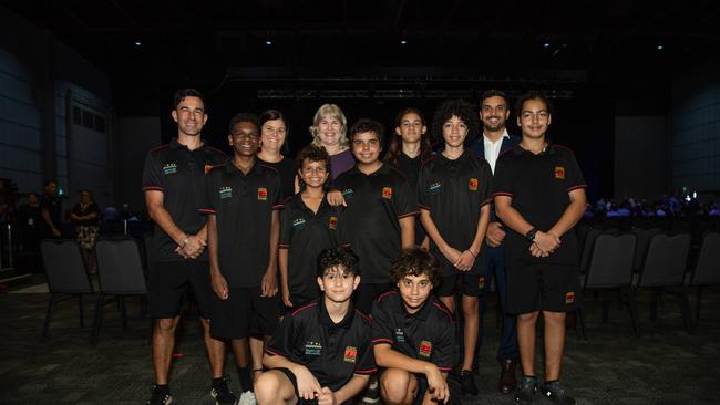 Chief Minister Eva Lawler with Nightcliff Middle School students as the Top End community gathered at the Darwin Convention Centre to commemorate the Bombing of Darwin. Picture: Pema Tamang Pakhrin