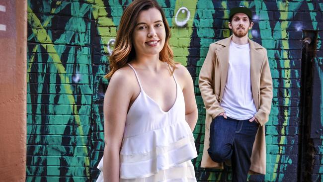 TAFE SA emerging designers Grace McCllelland and Toby Andrews wear their own garments before the Adelaide Fashion Festival. Picture: Mike Burton