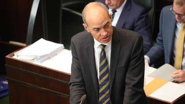 Energy Minister Guy Barnett addresses the Tasmanian parliament.