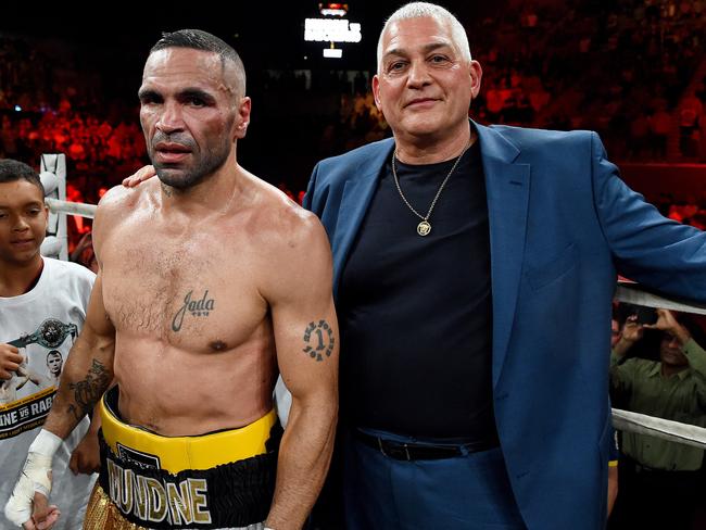 Anthony Mundine with Gatto after his fight with Sergey Rabchenko at Hisense Arena. Picture: Jake Nowakowski