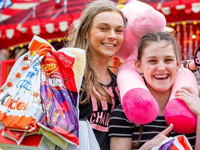 Day 1 Royal Melbourne show. Friends loaded up with show bags, have a blast at the show, L-R Tara Darcy,17, Sarah Scott,16, Elentari Berryman,16 and Loiuse Casey, 17  Picture: Sarah Matray