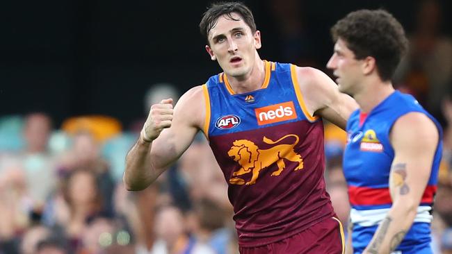 BRISBANE, AUSTRALIA — AUGUST 04: Oscar McInerney of the Lions celebrates a goal during the round 20 AFL match between the Brisbane Lions and the Western Bulldogs at The Gabba on August 04, 2019 in Brisbane, Australia. (Photo by Chris Hyde/Getty Images)