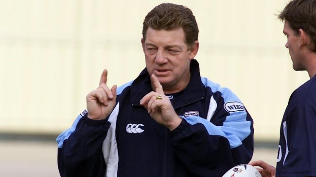 MAY 23, 2004 : Matthew (Matt) Gidley (R) listens as coach Phil Gould speaks during NSW State of Origin team training session at Wentworth Park in Sydney, 23/05/04. Pic Chris Hyde.Rugby League