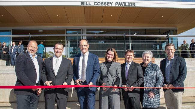 Next Generation general manager Stephen Wishart, Tennis SA chief executive Steven Baldas, sports minister Corey Wingard, senator Anne Ruston, Tennis SA president Kent Thiele and tennis great Todd Woodbridge cut the ribbon on Memorial Drive’s new pavilion. Picture: Peter Mundy